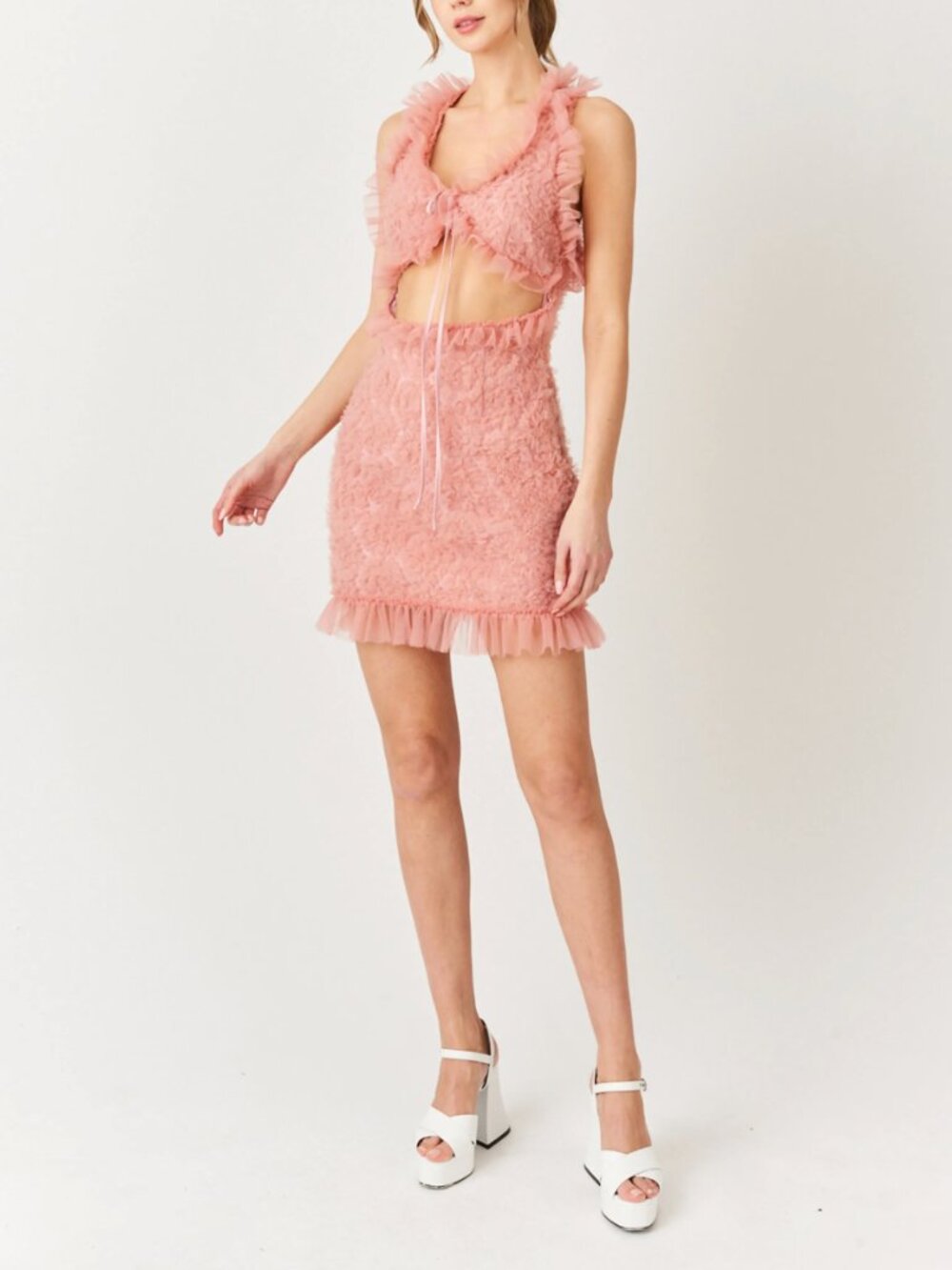 NWT Amylynn Pink Ruffle Taylor Cut-Out Bowtie Mesh Hem Dress size Large